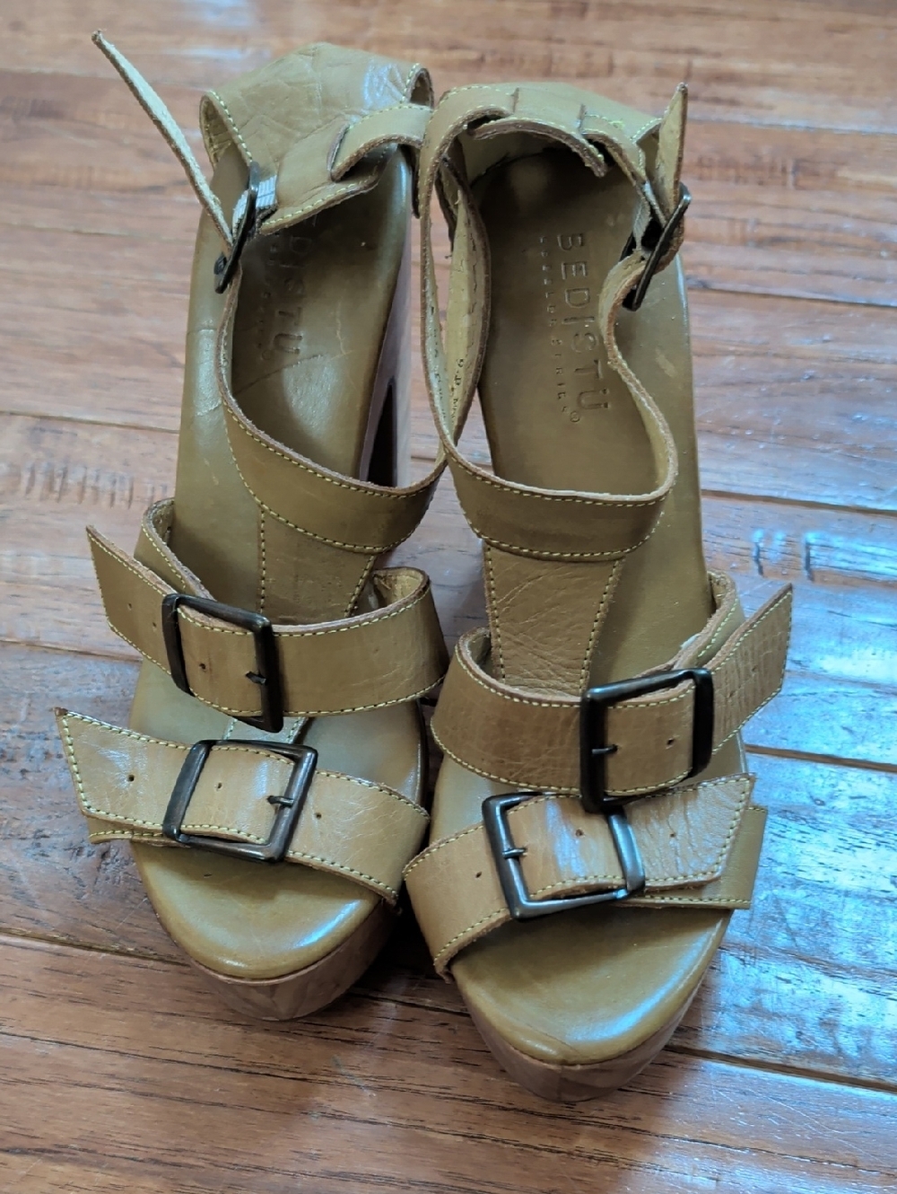Bed Stu Tan Leather Buckle Platform Sandals